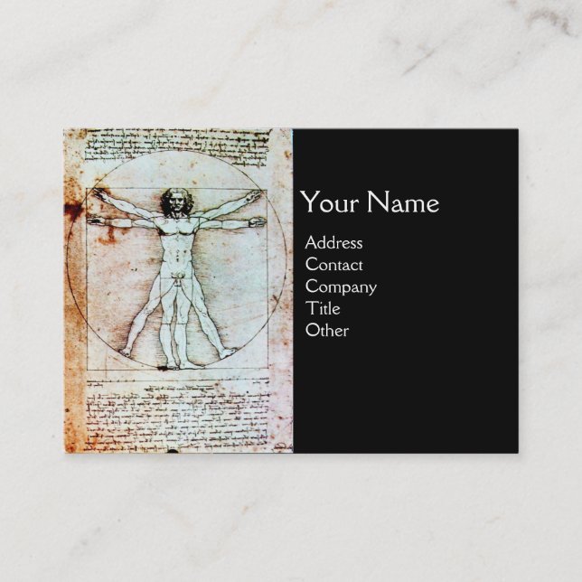 THE VITRUVIAN MAN , Antique Black Brown Parchment Business Card (Front)