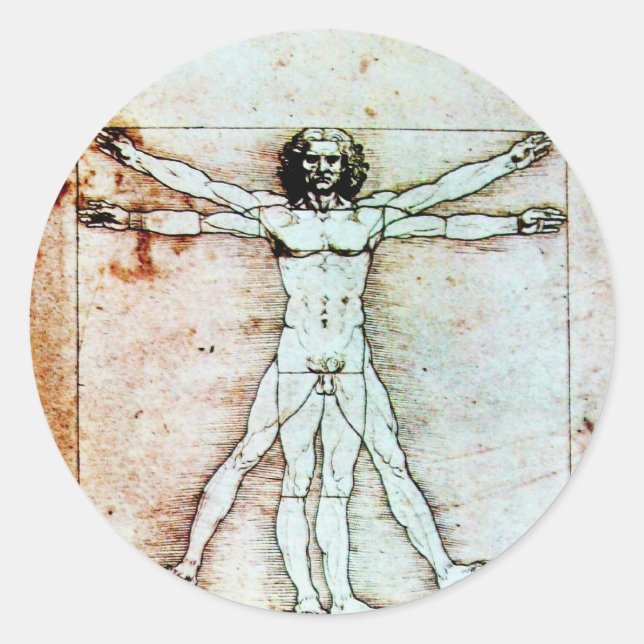 THE VITRUVIAN MAN , Antique Brown Parchment Classic Round Sticker (Front)