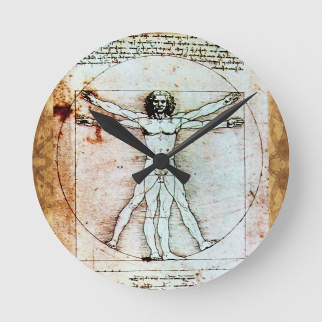 THE VITRUVIAN MAN Antique Parchment Round Clock (Front)