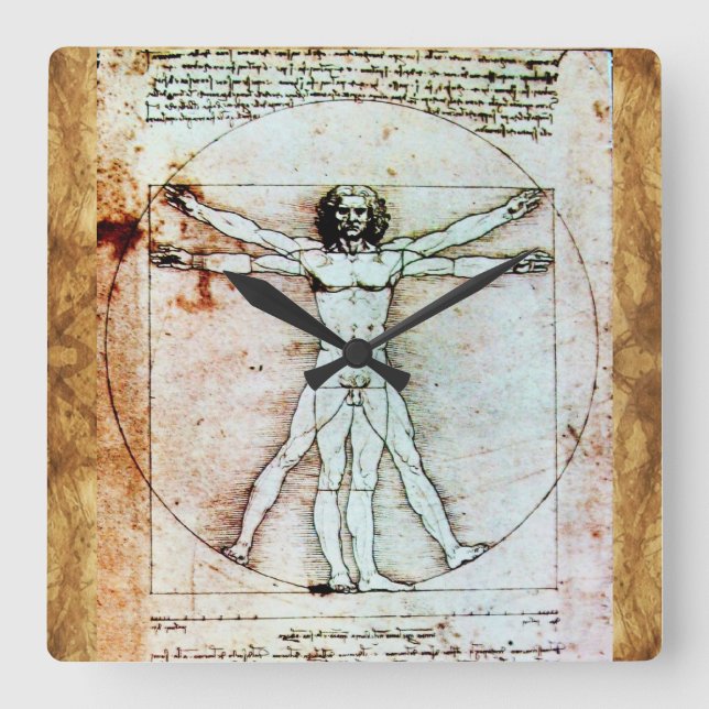 THE VITRUVIAN MAN Antique Parchment Square Wall Clock (Front)