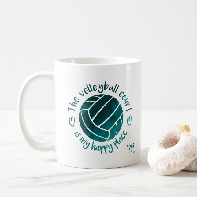 The volleyball court is my happy place dark teal coffee mug (With Donut)