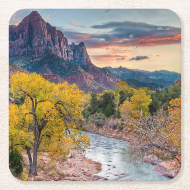 The Watchman in Autumn Square Paper Coaster (Front)