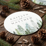 The Watercolor Pine Tree Forest Wedding Collection Round Paper Coaster<br><div class="desc">Celebrate in style with these rustic and very trendy wedding coasters. The design is easy to personalise with your own wording and your family and friends will be thrilled when they see these fabulous coasters. Matching items can be found in the collection.</div>