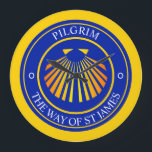 The way of St James pilgrims  Large Clock<br><div class="desc">Traditional Scallop or cockle shell motif and pilgrim text in blue and yellow. For your pilgrimage on the way of St James,  with a traditional Scallop shell motif. Easily add your camino text and adjust the curvature if necessary</div>