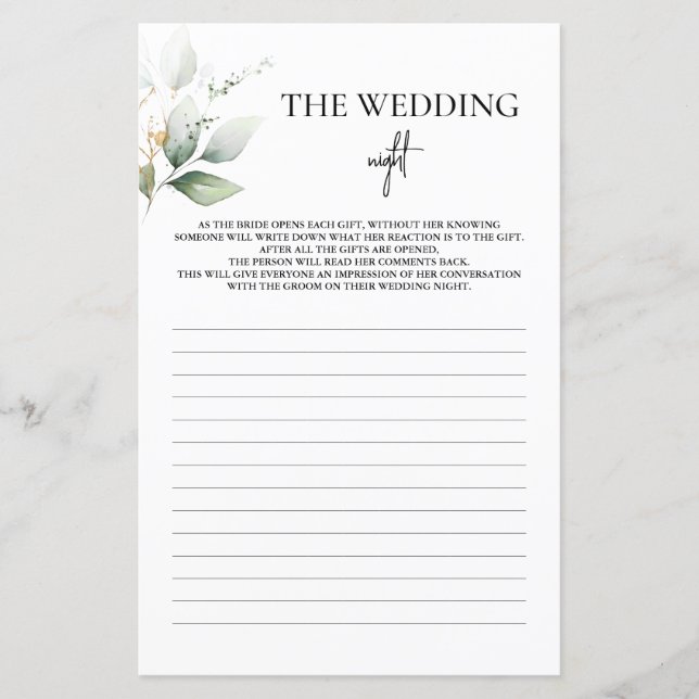 The Wedding Night Bridal Shower Greenery Game (Front)