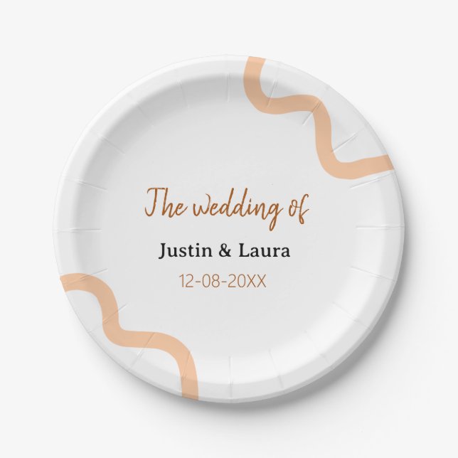 The wedding of add bride groom name date peach paper plate (Front)