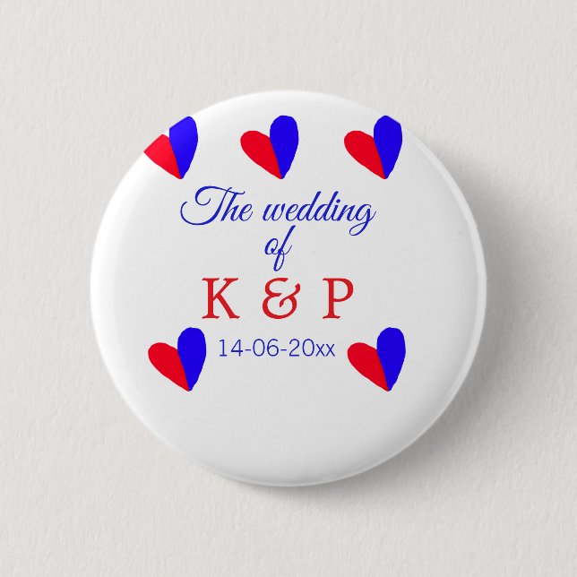 The wedding of add couple name initial letter date 6 cm round badge (Front)