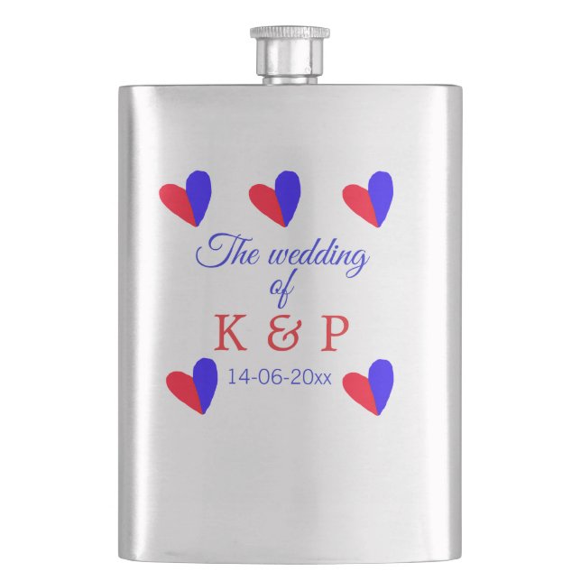 The wedding of add couple name initial letter date hip flask (Front)