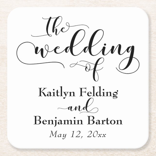 The Wedding of Commemorative Typography Square Paper Coaster (Front)