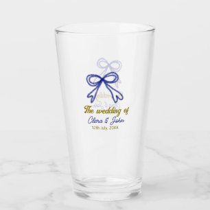 The wedding of gold navy blue bow couple name glass
