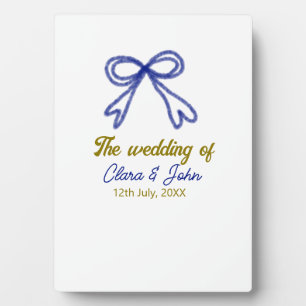 The wedding of gold navy blue bow couple name plaque