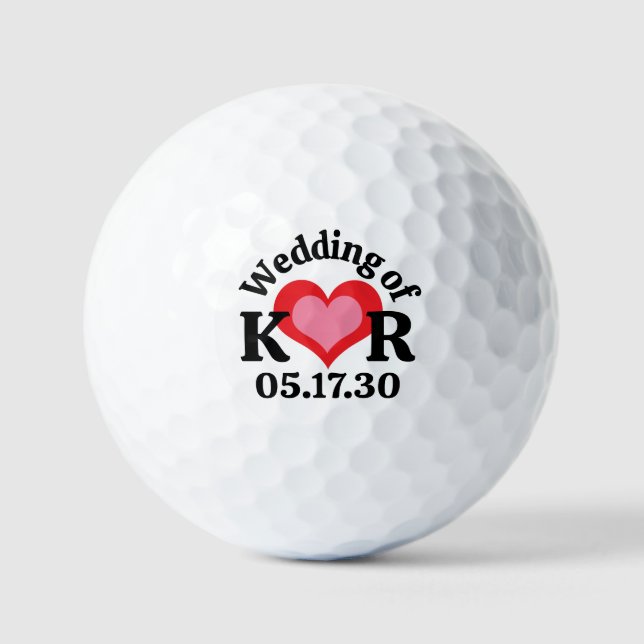THE WEDDING OF Monogram Initials & Red Pink Heart Golf Balls (Front)