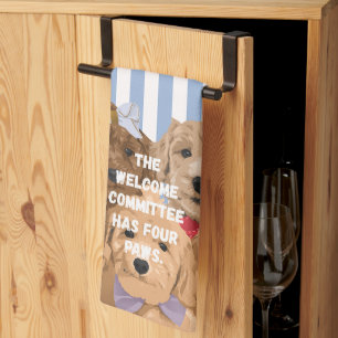 'The Welcome Committee Has Four Paws' Blue White Tea Towel