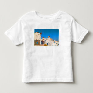 The white buildings and the windmills on the toddler T-Shirt
