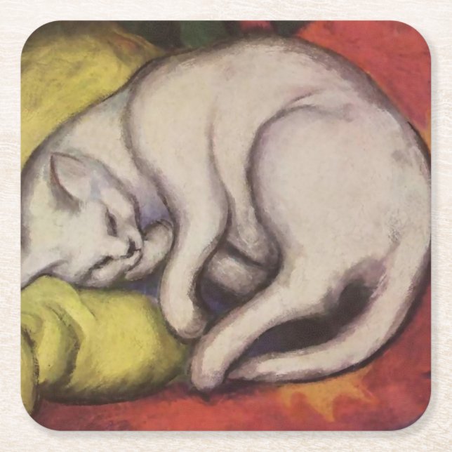 “The White Cat” by Franz Marc Square Paper Coaster (Front)