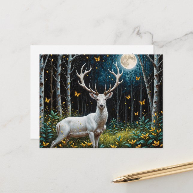 The White Deer in a Moonlit Forest Postcard (Front/Back In Situ)
