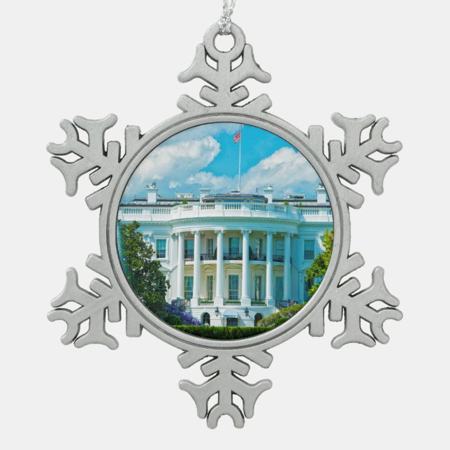 The White House Photo American Flag Snowflake Pewter Christmas Ornament (Front)