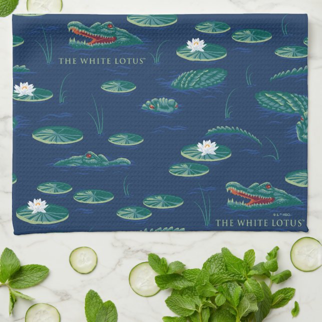 The White Lotus Alligator Lagoon Pattern Tea Towel (Folded)