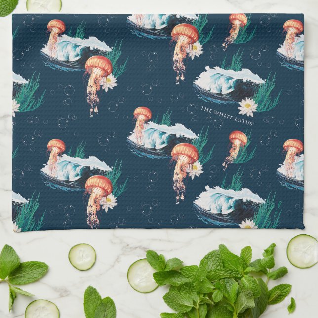 The White Lotus Ocean Jellyfish Pattern Tea Towel (Folded)