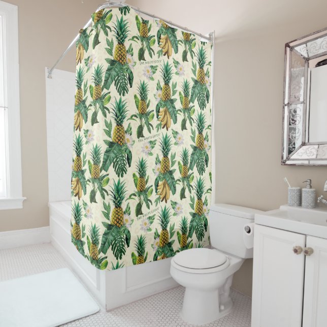 The White Lotus Pineapple Paradise Pattern Shower Curtain (In Situ)