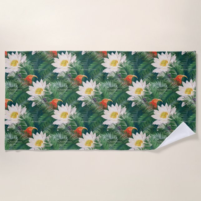 The White Lotus Tropical Birds & Lotus Pattern Beach Towel (Front)