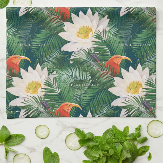The White Lotus Tropical Birds & Lotus Pattern Tea Towel (Folded)