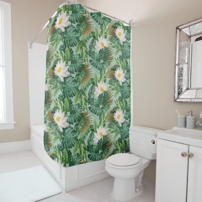 The White Lotus Tropical Canopy Pattern Shower Curtain (In Situ)