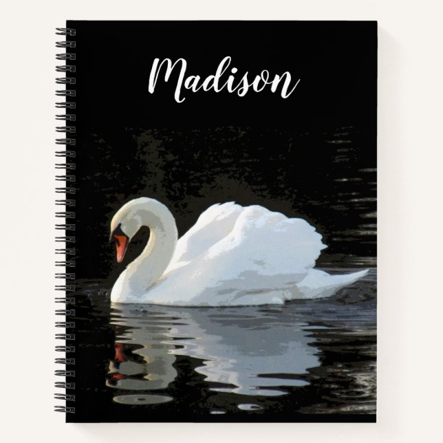 The white mute swan, reflections, with your name notebook (Front)