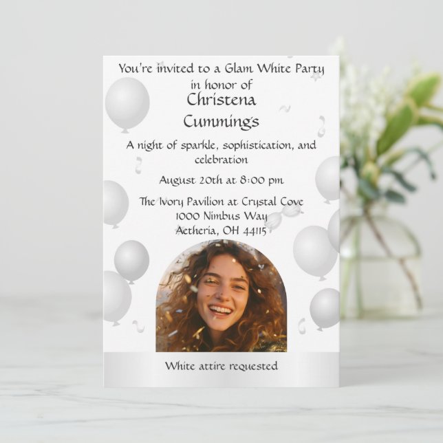 The White Soirée Birthday Celebration Invitation (Standing Front)