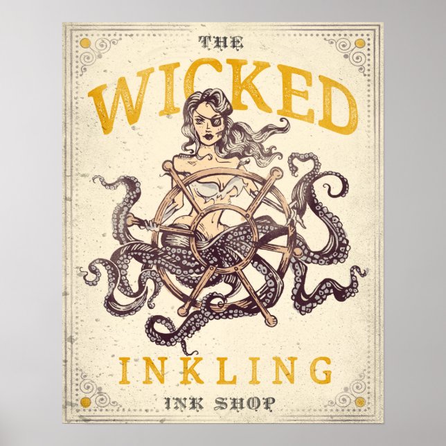 "The Wicked Inkling Tattoo Shop" Nautical Octopus Poster (Front)
