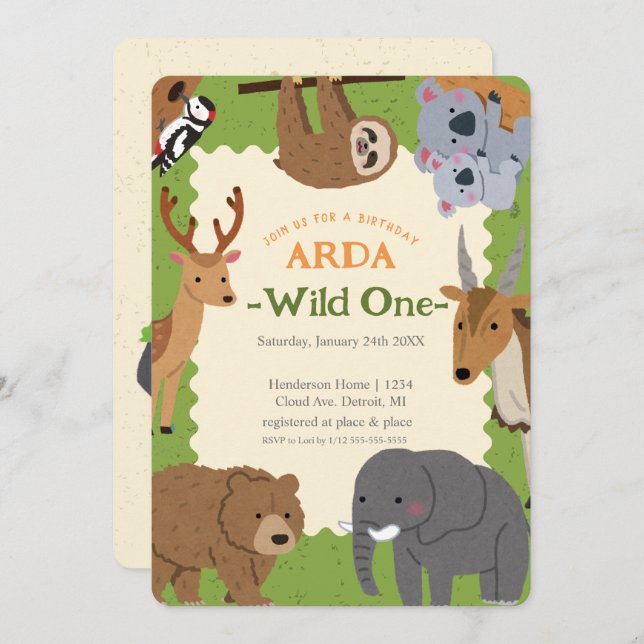 The Wild One: Animal Birthday Party Invitation (Front/Back)