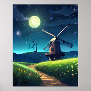 The windmill and the starry landscape poster