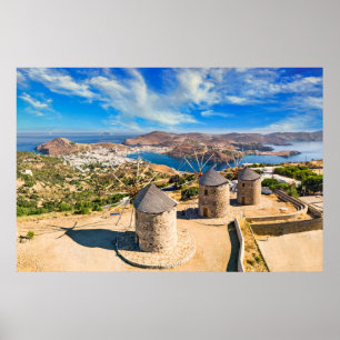The windmills of Chora in Patmos island, Greece Poster