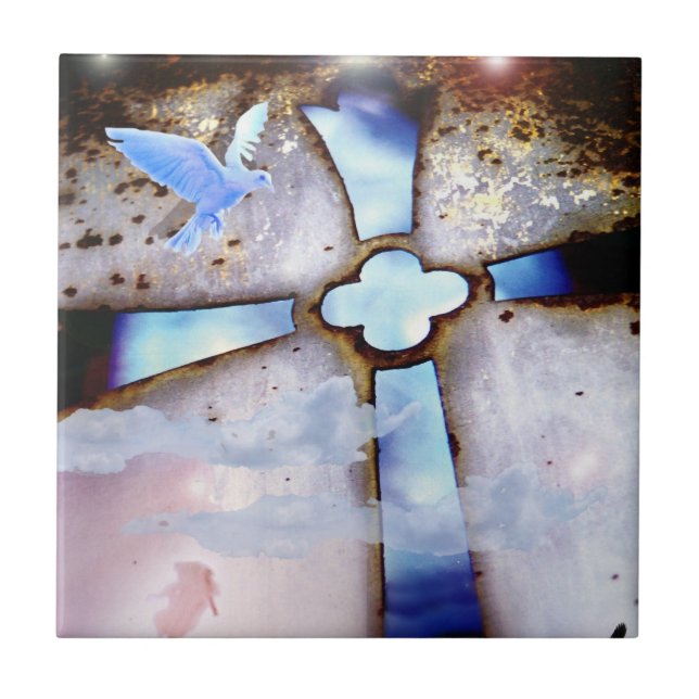 The Window to Heaven Cross Dove Holy Spirit Tile (Front)