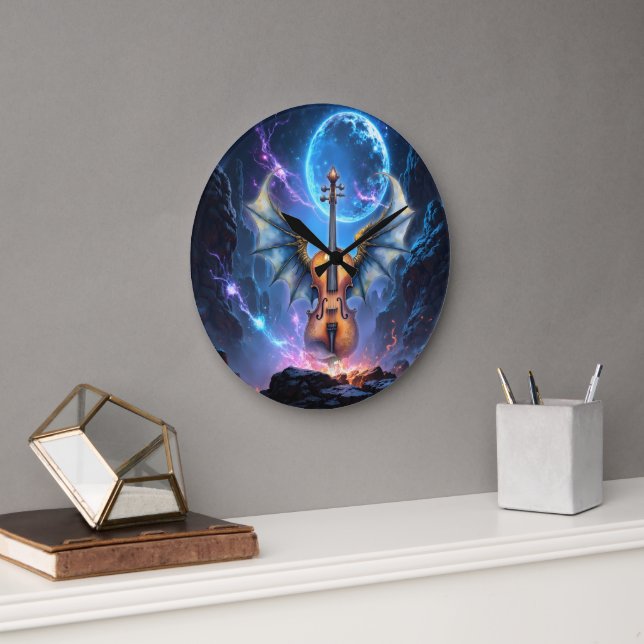 The Winged Violin of Moonlit Realms Large Clock (Office)