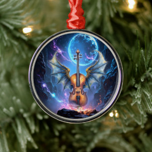 The Winged Violin of Moonlit Realms Metal Ornament