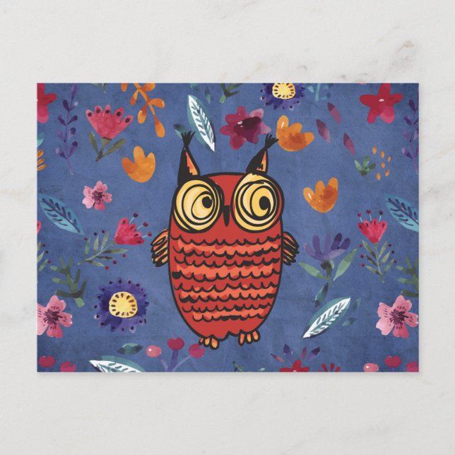 The wise bird owl in flower garden postcard (Front)
