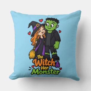 The Witch and Her Monster Cute Halloween Couple T- Cushion