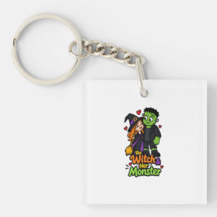 The Witch and Her Monster Cute Halloween Couple T- Key Ring