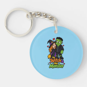 The Witch and Her Monster Cute Halloween Couple T- Key Ring