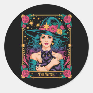 The Witch Card Halloween Gothic Witchy Vibes Black Classic Round Sticker