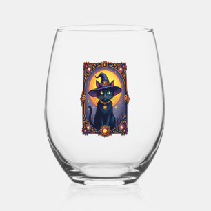 The Witch Cat Tarot Card Halloween Vintage Gothic Stemless Wine Glass
