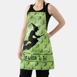 'The Witch is in' Halloween Witch Silhouette Green Apron