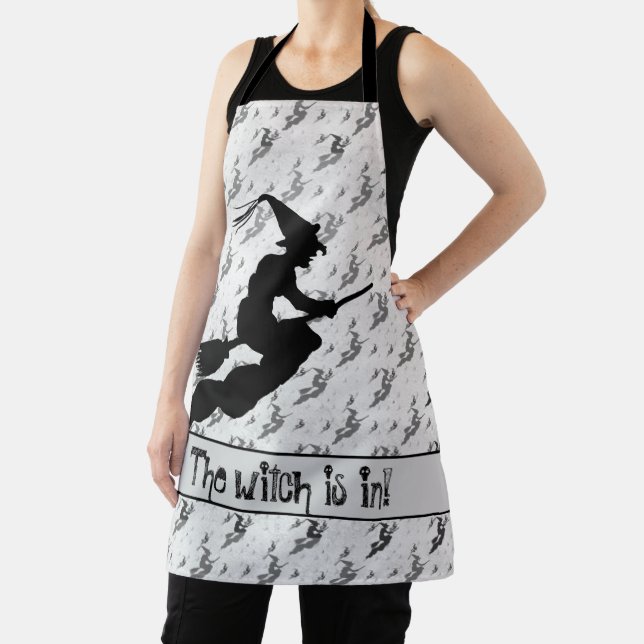 'The Witch is in' Halloween Witch Silhouette Grey Apron (Insitu)