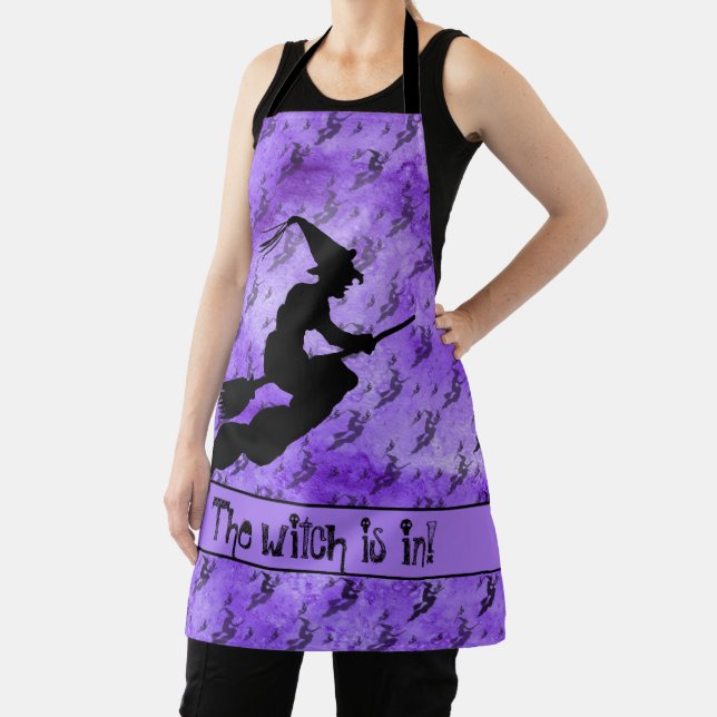The Witch is in Halloween Witch Silhouette Purple Apron (Insitu)