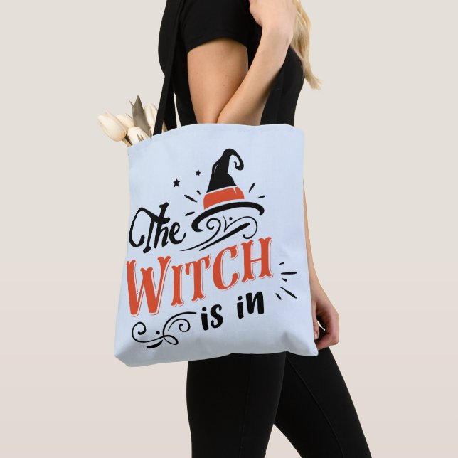 The Witch is In Light Blue Halloween Tote Bag (Close Up)