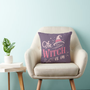 The Witch is In Purple Halloween Cushion