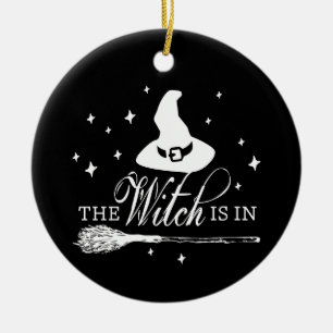 The Witch Is In with Hat & Broom Halloween Black Ceramic Ornament