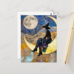 The Witch on the Moon in front of the moon Collage Postcard