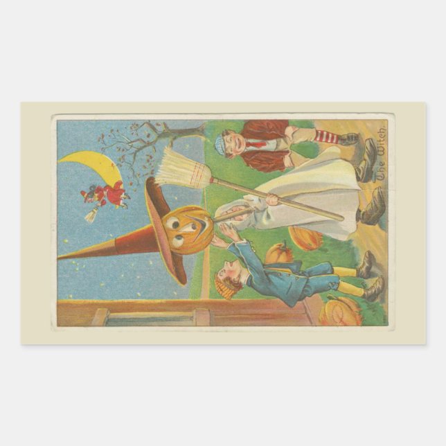 The Witch Pumpkin & Broom Costume Vintage Rectangular Sticker (Front)